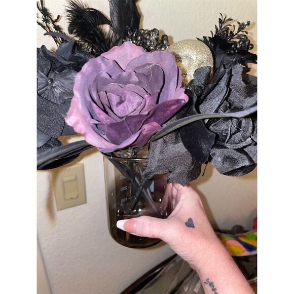 Gothic Black & Purple Rose Bouquet with Skull Accent Halloween Decor - Picture 9 of 11